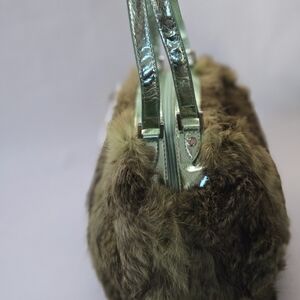 Faux-Fur Shoulder Bag in Olive Green with Metallic Handles
